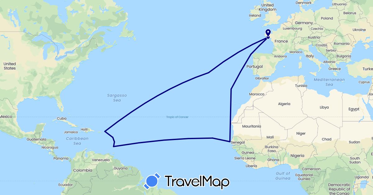 TravelMap itinerary: driving in Cape Verde, Spain, France, Portugal, Senegal, Saint Vincent and the Grenadines, British Virgin Islands (Africa, Europe, North America)